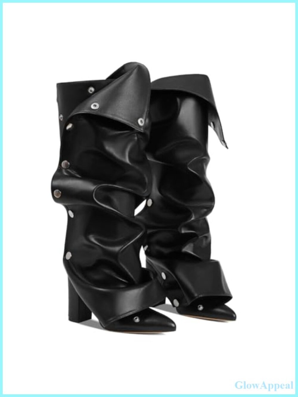 Fold Over Knee High Boots Pointed Toe Chunky Heel Side Zip Women